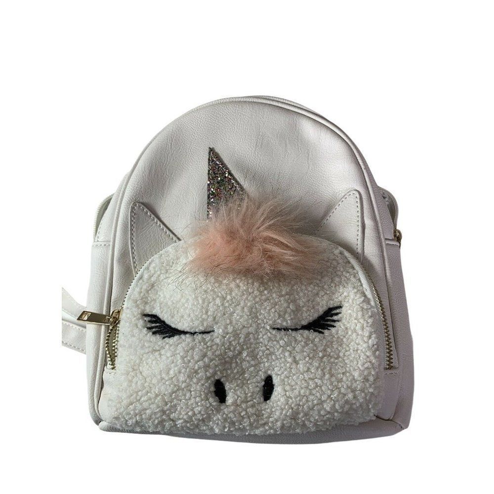 OMG Girls Youth Medium Backpack Unicorn White EUC Faux Fur Leather Bag 0063